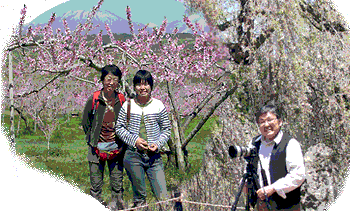桃の花が開花した丹霞郷で寛ぐ渡部家族